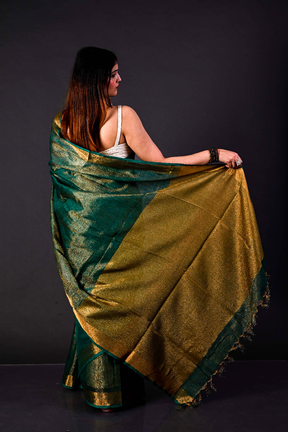 Handwoven Emerald Green Tissue  Linen Saree – Bhasha Bharat
