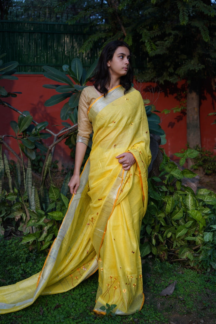 Yellow Colour Embroidered  Linen Saree