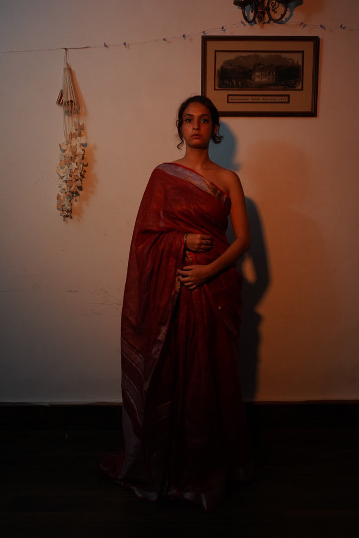 Elegant Maroon Linen Saree with Silver Accents