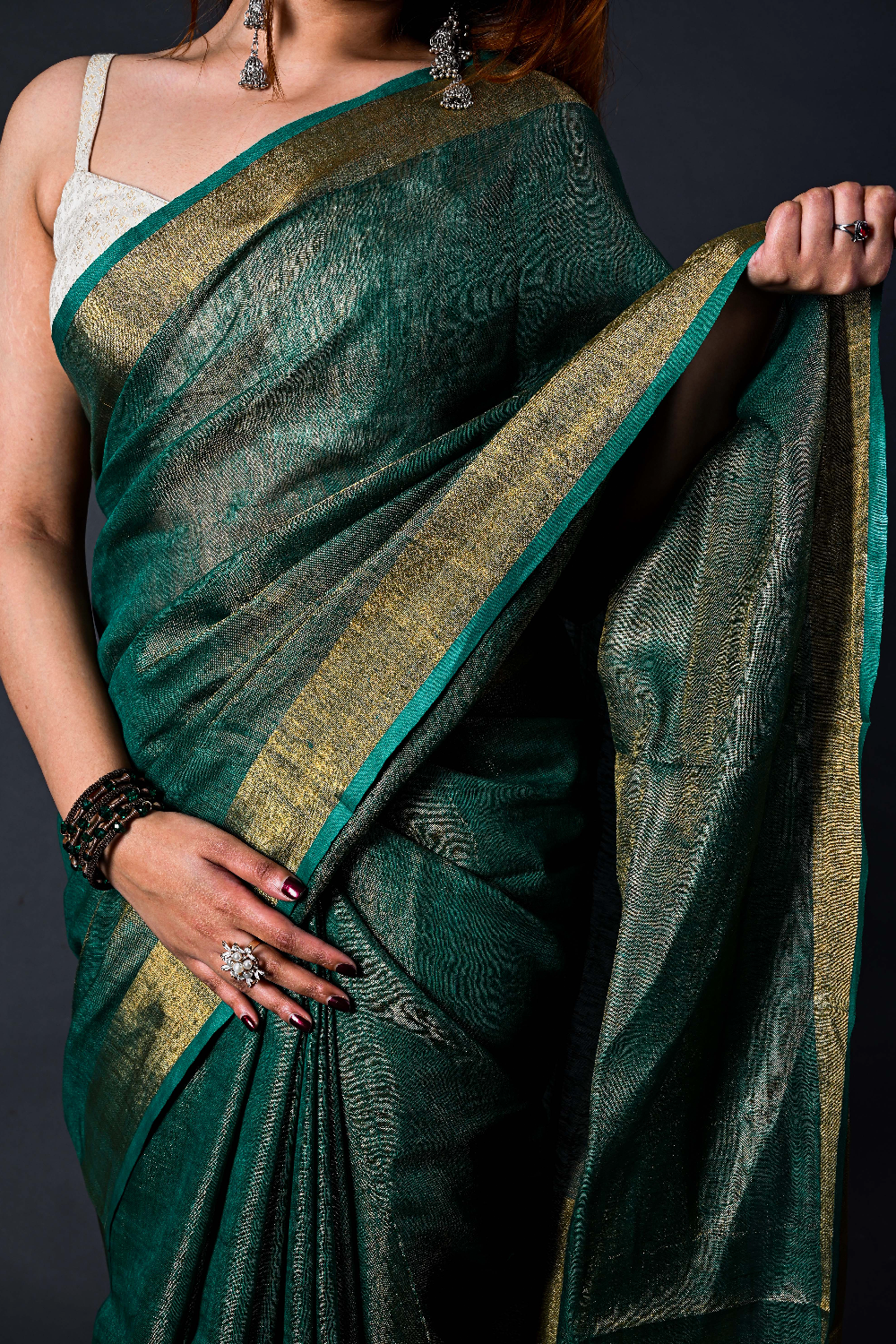 Handwoven Emerald Green Tissue  Linen Saree – Bhasha Bharat