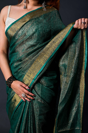 Handwoven Emerald Green Tissue  Linen Saree – Bhasha Bharat