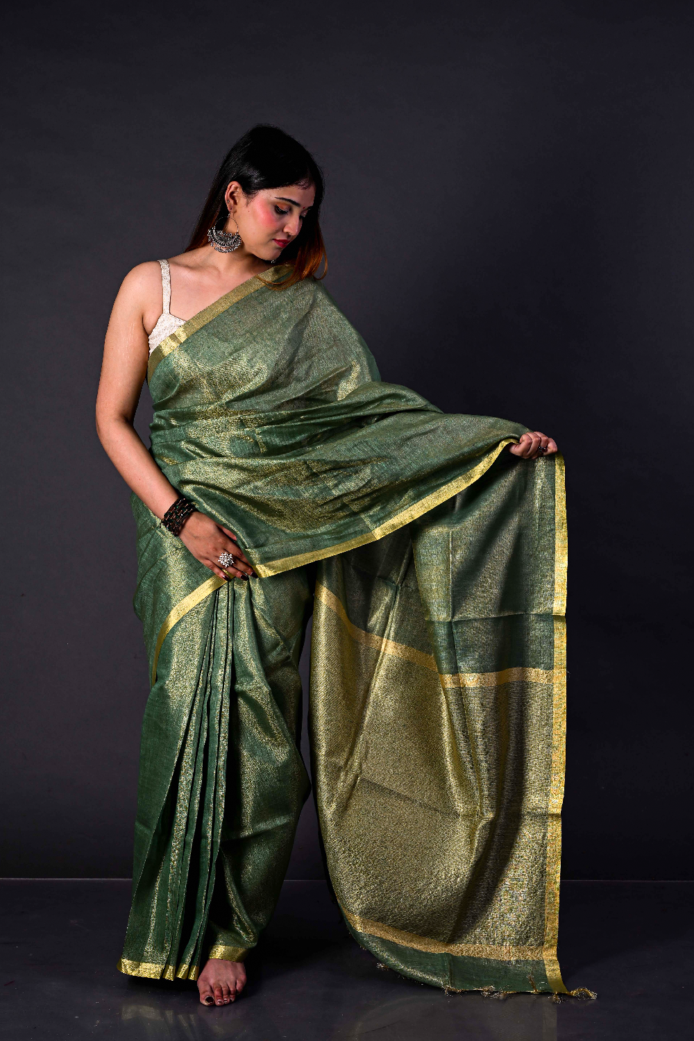 Handwoven Forest Green Tissue  Linen Saree – Bhasha Bharat
