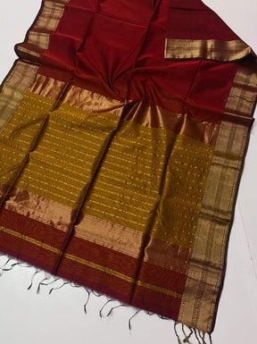 Deep Maroon Maheshwari Silk Saree with Handwoven Gold Zari Border & Mustard Gold Pallu