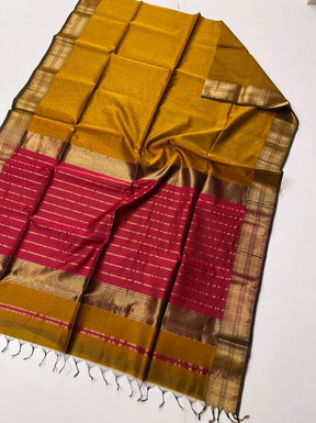Mustard Yellow Maheshwari Silk Saree with Handwoven Gold Zari Border