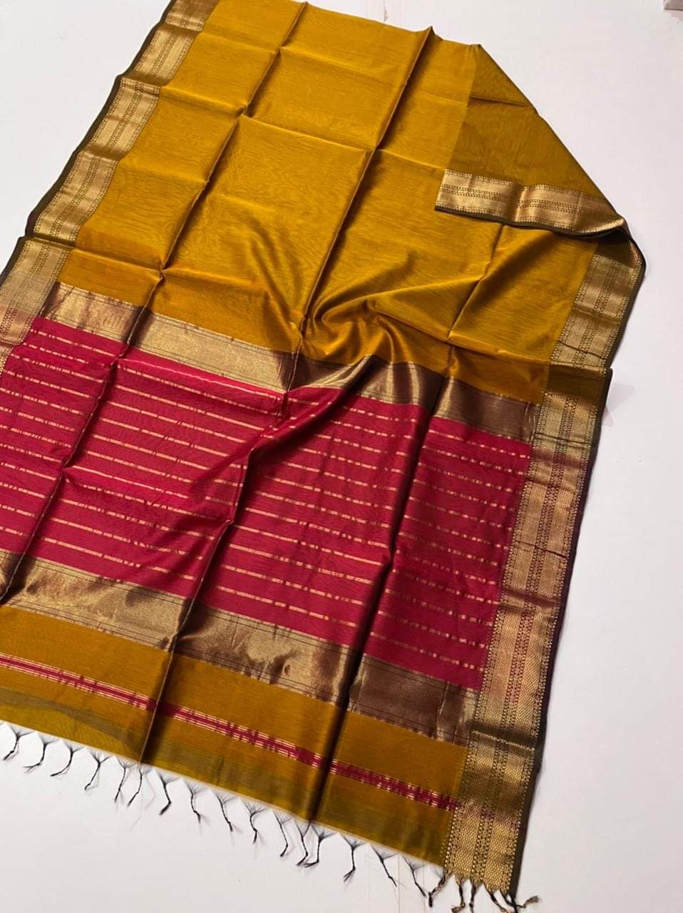 Mustard Yellow Maheshwari Silk Saree with Handwoven Gold Zari Border
