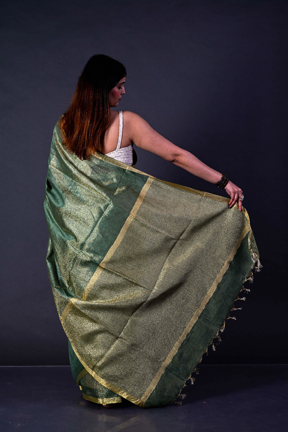 Handwoven Forest Green Tissue  Linen Saree – Bhasha Bharat