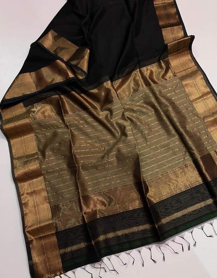 Classic Black Maheshwari Silk Saree with Handwoven Gold Zari Border