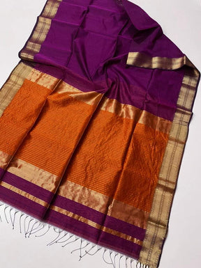 Royal Purple Maheshwari Silk Saree with Handwoven Gold Zari Border & Rust Orange Pallucloth