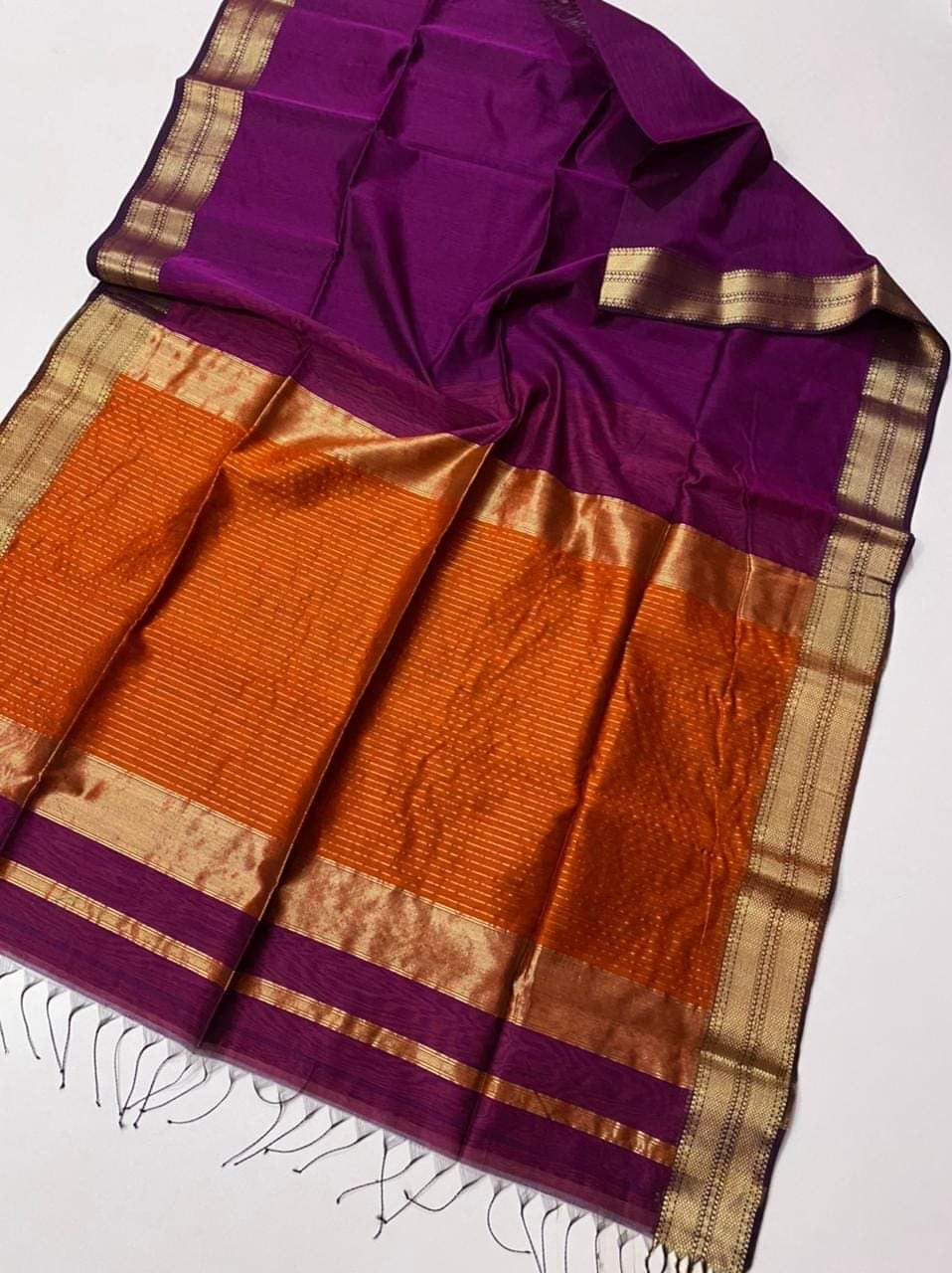 Royal Purple Maheshwari Silk Saree with Handwoven Gold Zari Border & Rust Orange Pallucloth