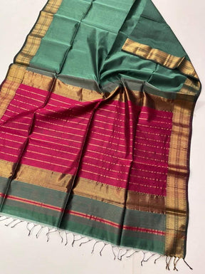 Sage Green Maheshwari Silk Saree with Handwoven Gold Zari Border & Rani Pink Pallu