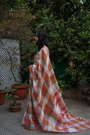 Handwoven Rust Colour Check Linen Saree for Casual Wear