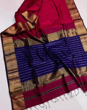 Ruby Pink Maheshwari Silk Saree with Handwoven Gold Zari Border & Royal Blue Striped Pallu