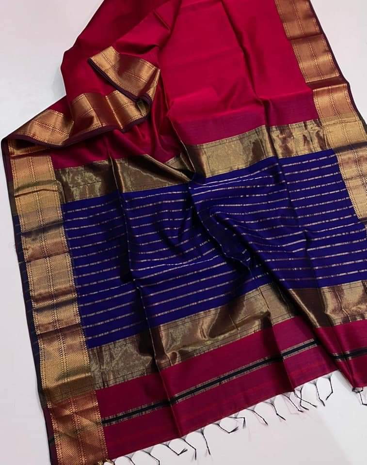 Ruby Pink Maheshwari Silk Saree with Handwoven Gold Zari Border & Royal Blue Striped Pallu