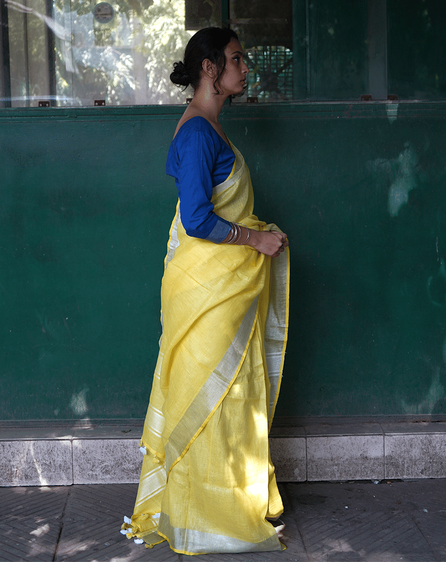 Yellow Colour  Linen Saree