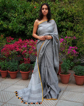 Grey Colour With Piping  Linen Saree
