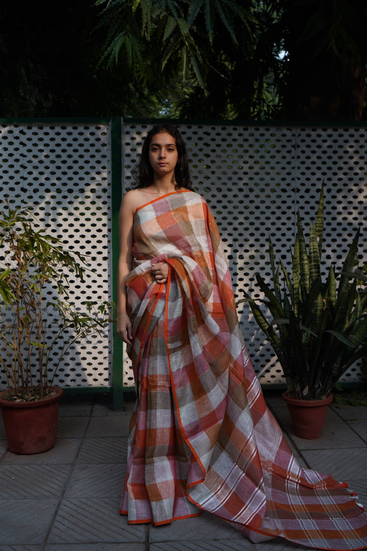 Handwoven Rust Colour Check Linen Saree for Casual Wear