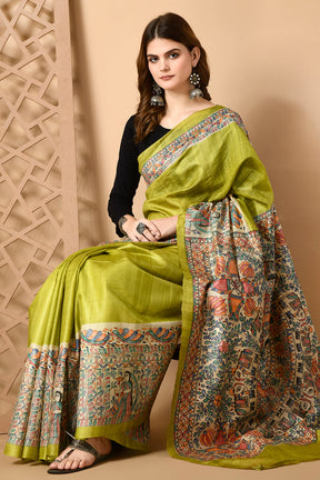 Mehendi Green Colour Pure Tussar Silk Madhubani HandPainted Saree