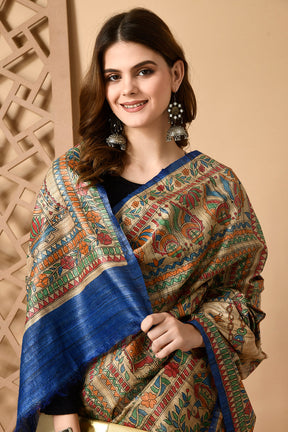 Blue Colour PureTussar Silk Madhubani Full Devi Handpainted HandPainted Saree