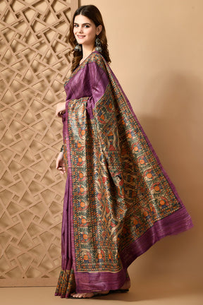 Purple  Colour Pure Tussar Silk Madhubani Traditional  Motif Handpainted Saree