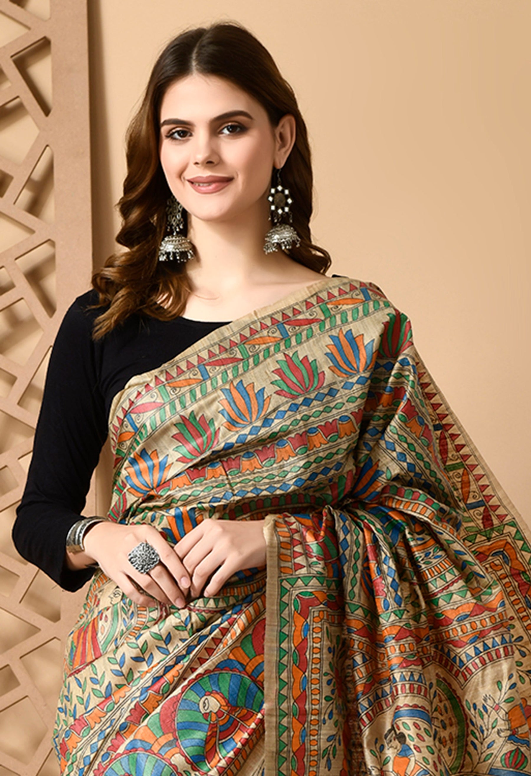 Natural Colour Pure Tussar Silk Full Body Madhubani HandPainted Saree
