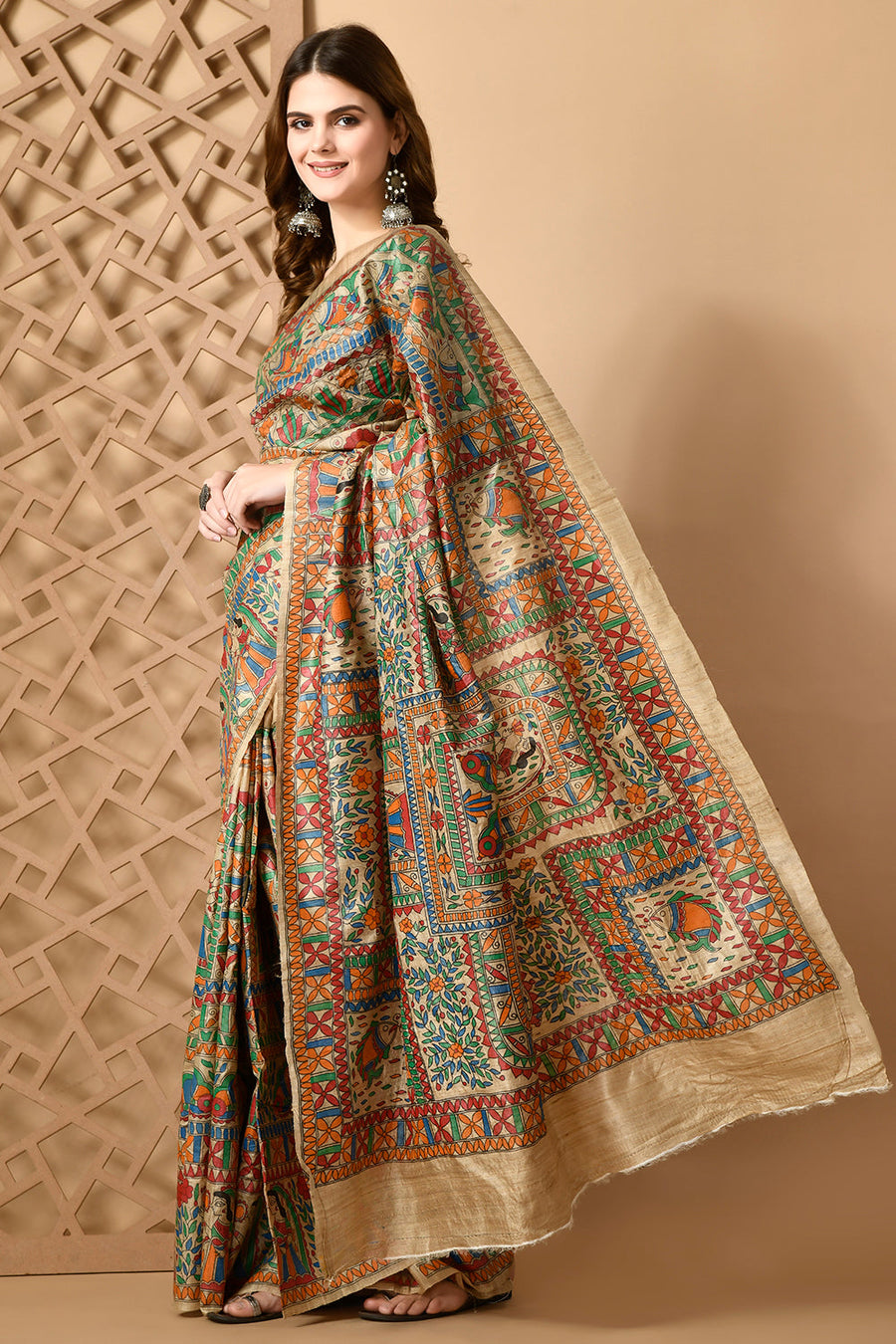 Floral Hand-Printed Pure Tussar Silk Saree FH14