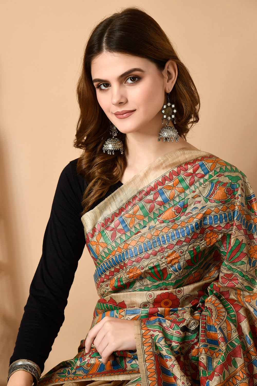 Natural Colour Pure Tussar Silk Madhubani Traditional  Motif Handpainted Saree