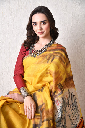 Handcrafted Hand-Painted Tussar Silk Saree – Bhasha Bharat Tussar Silk
