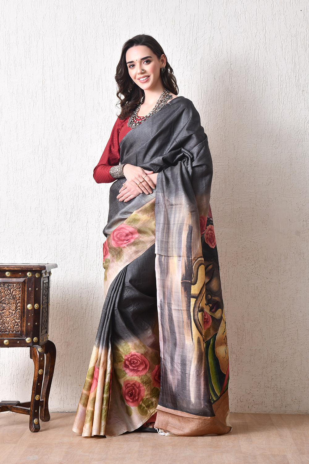 Handcrafted Hand-Painted Tussar Silk Saree – Bhasha Bharat