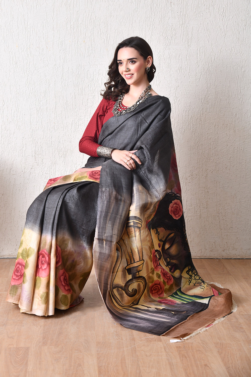 Handcrafted Hand-Painted Tussar Silk Saree – Bhasha Bharat