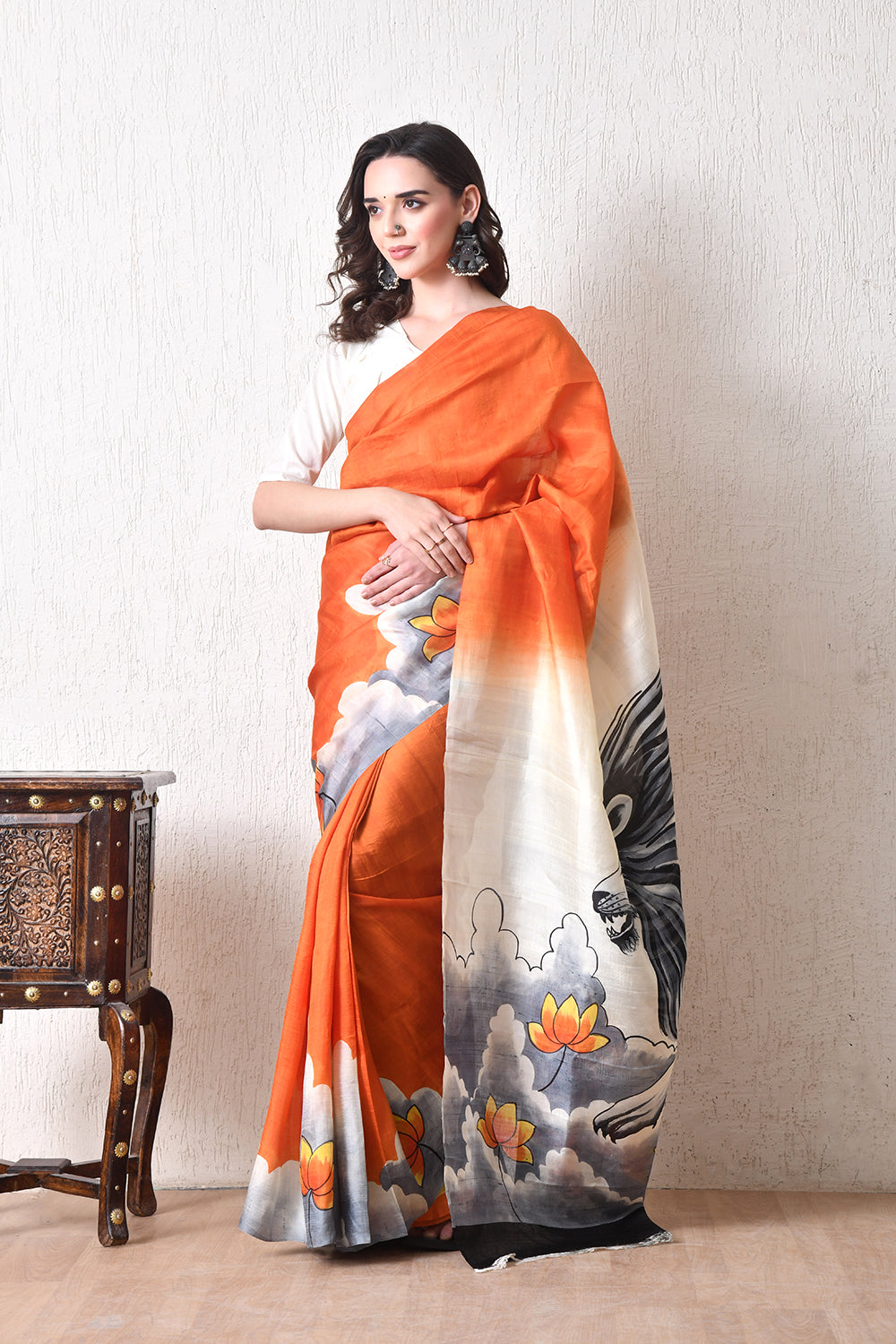 Handcrafted Hand-Painted Tussar Silk Saree – Bhasha Bharat