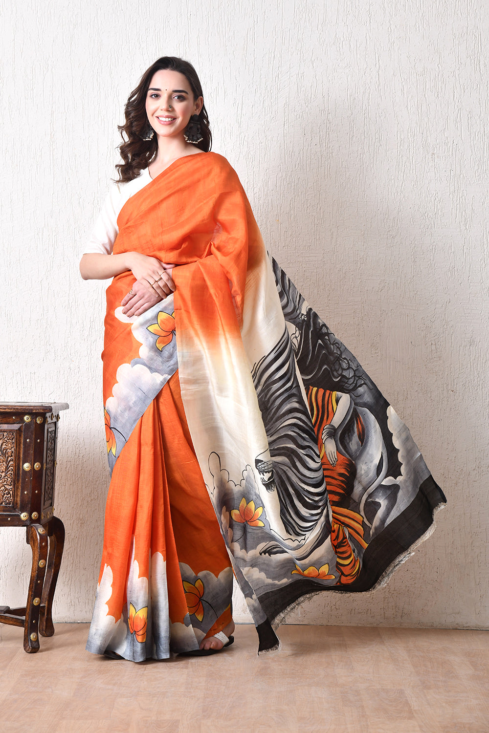 Handcrafted Hand-Painted Tussar Silk Saree – Bhasha Bharat