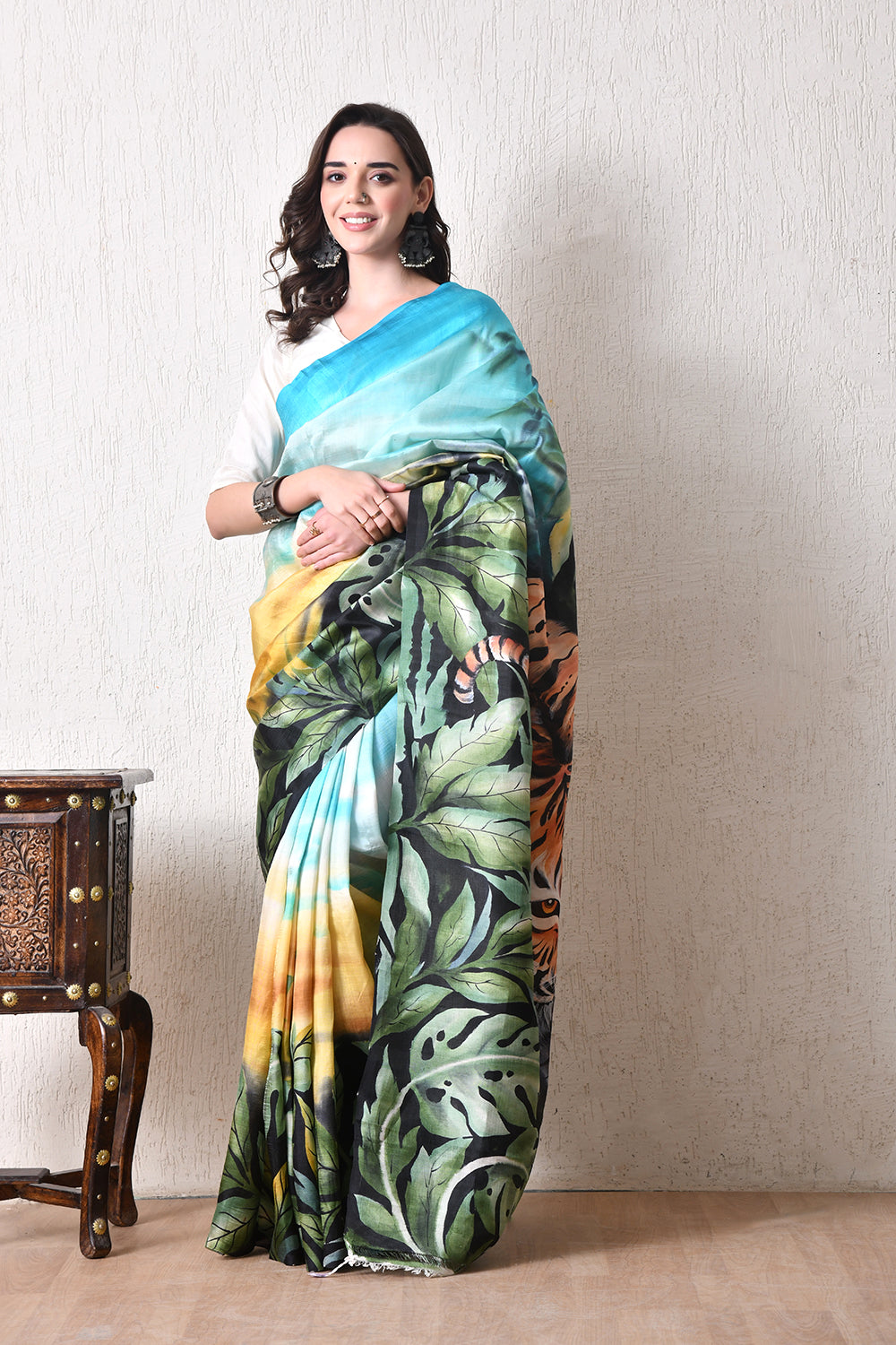 write description with for e commerce website bhashab bharat brand Handcrafted Hand-Painted tussar silk saree