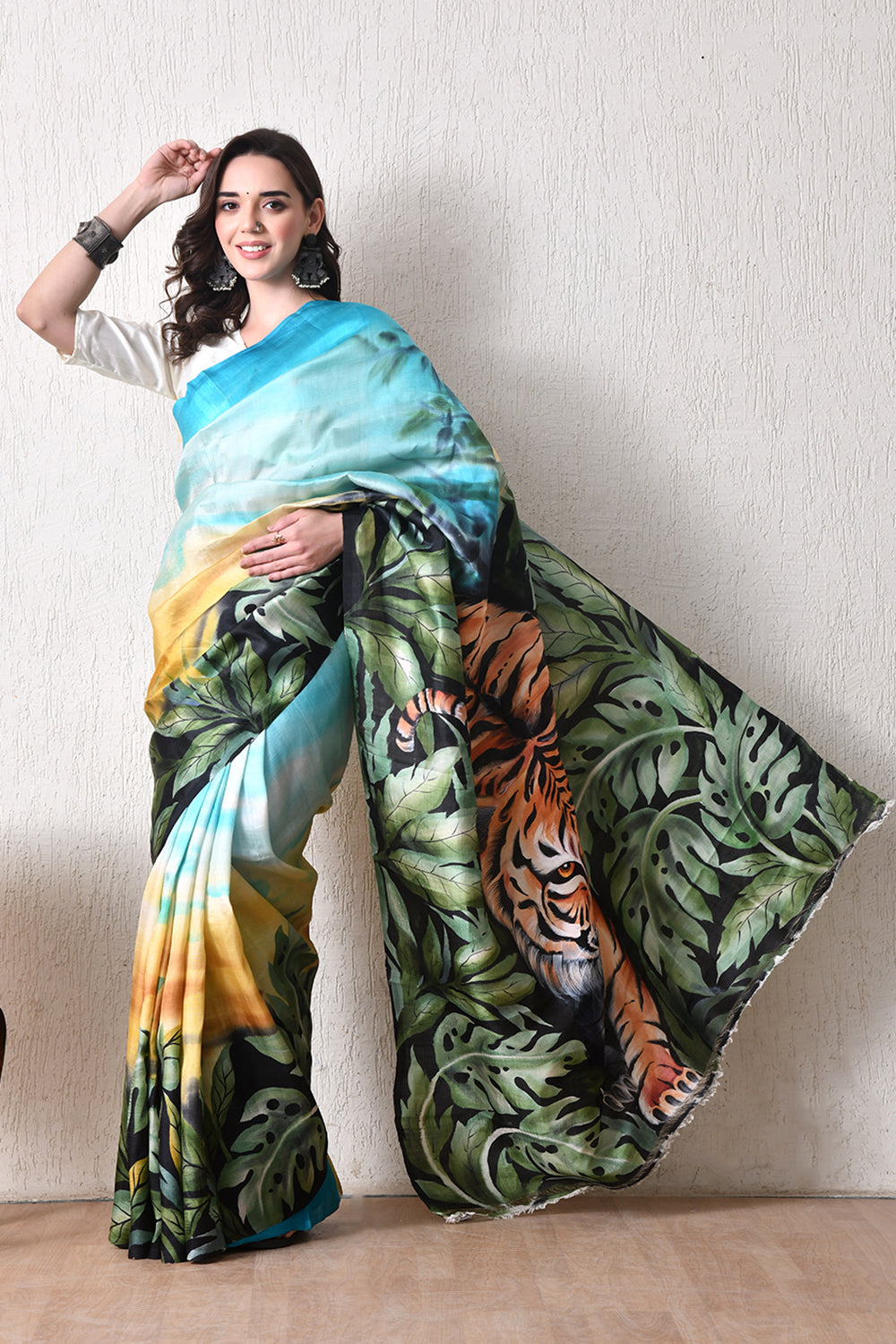 write description with for e commerce website bhashab bharat brand Handcrafted Hand-Painted tussar silk saree