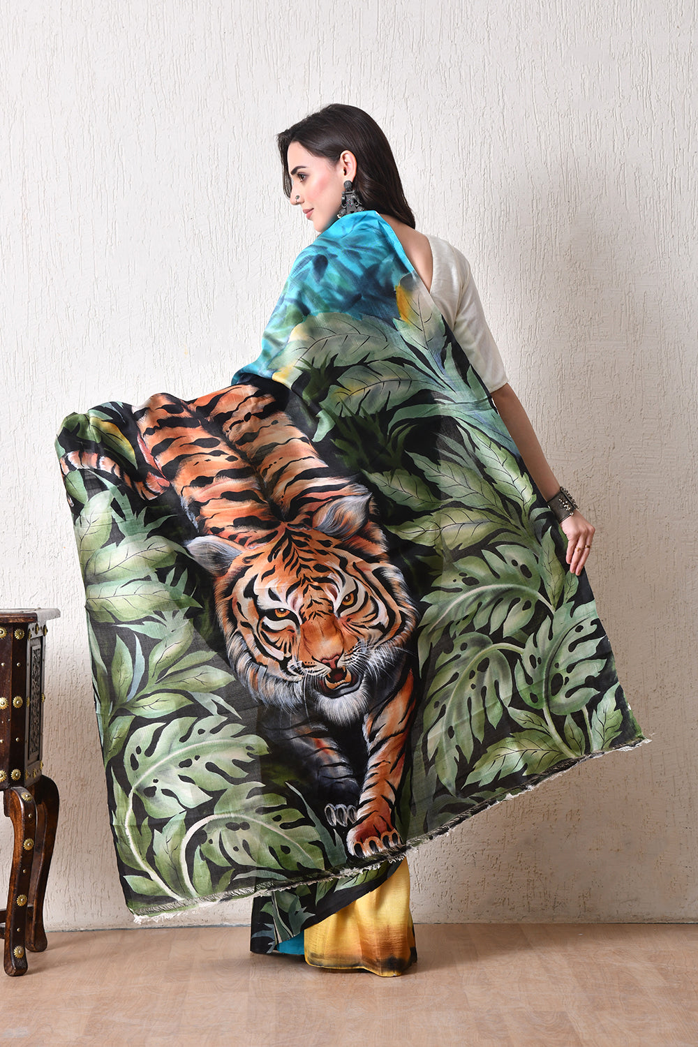 write description with for e commerce website bhashab bharat brand Handcrafted Hand-Painted tussar silk saree