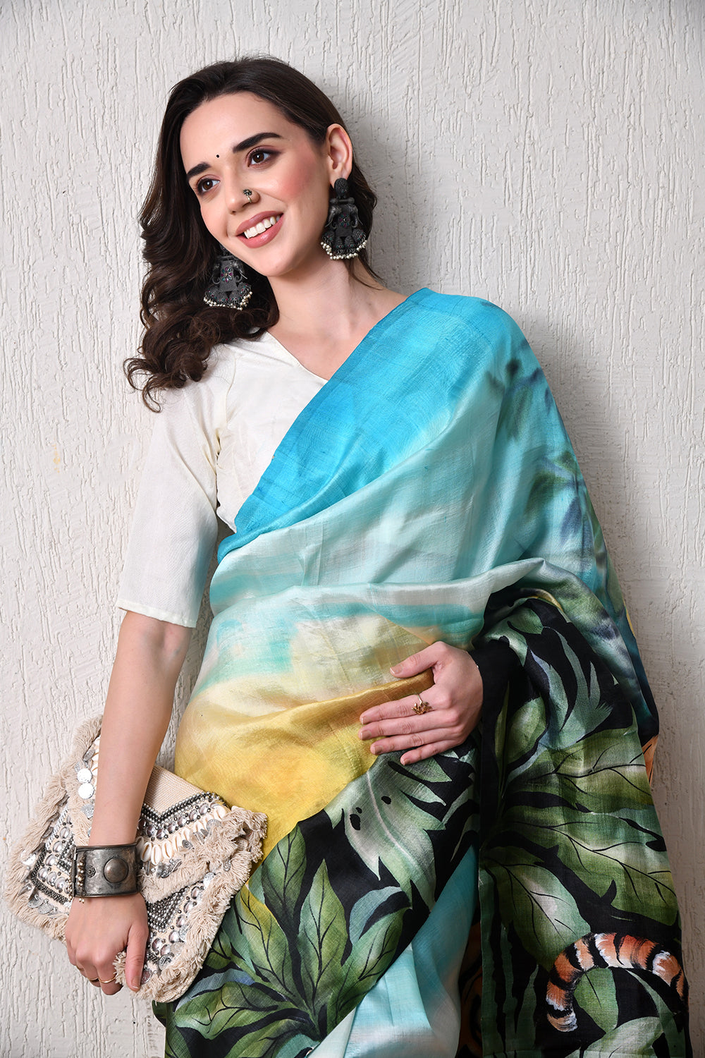 write description with for e commerce website bhashab bharat brand Handcrafted Hand-Painted tussar silk saree