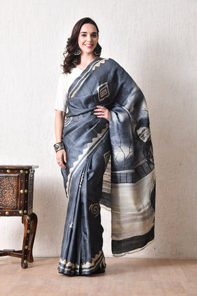 Handcrafted Hand-Painted Tussar Silk Saree – Bhasha Bharat