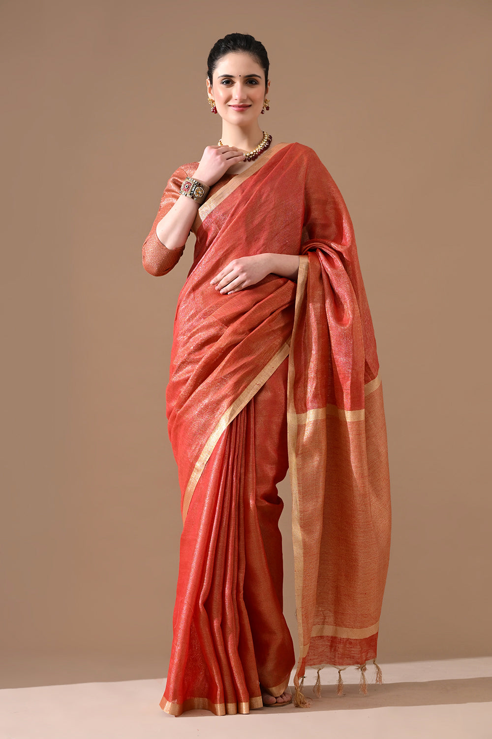 Handwoven Rust Red Linen Saree – Bhasha Bharat