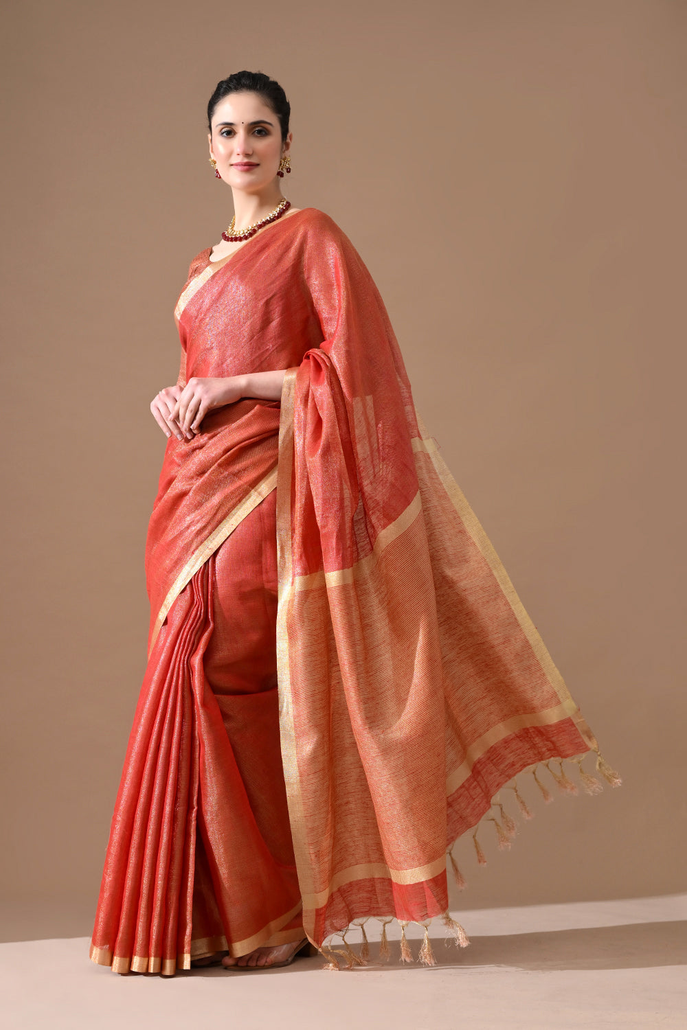 Handwoven Rust Red Linen Saree – Bhasha Bharat