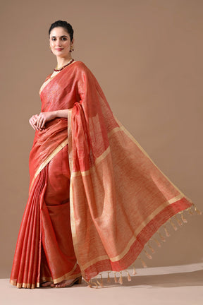 Handwoven Rust Red Linen Saree – Bhasha Bharat