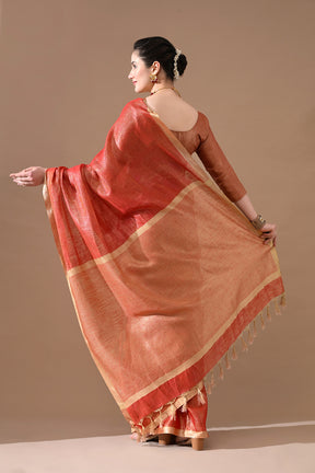 Handwoven Rust Red Linen Saree – Bhasha Bharat