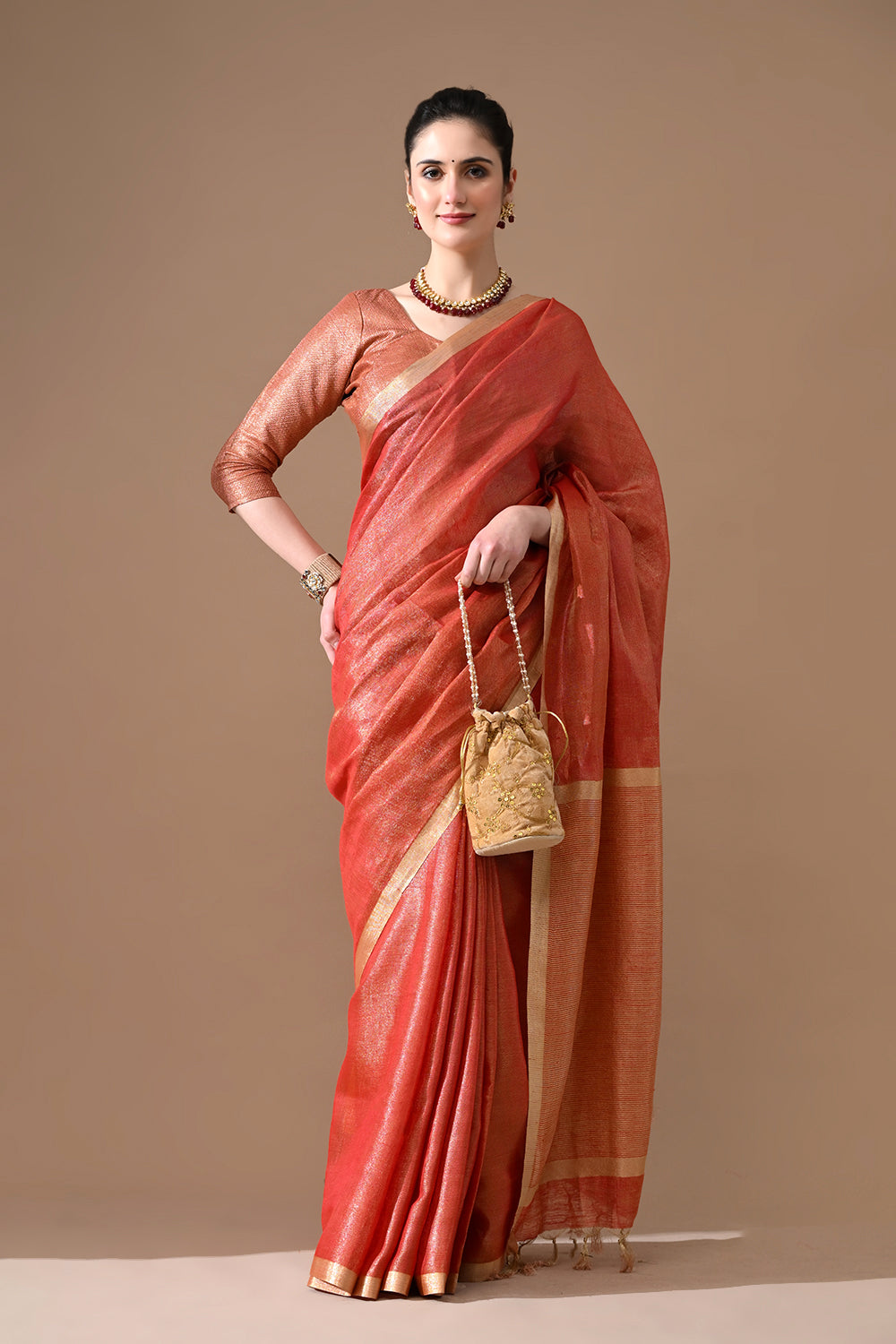 Handwoven Rust Red Linen Saree – Bhasha Bharat