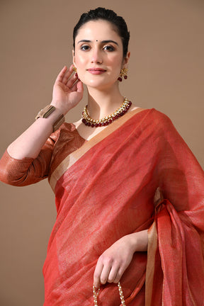 Handwoven Rust Red Linen Saree – Bhasha Bharat