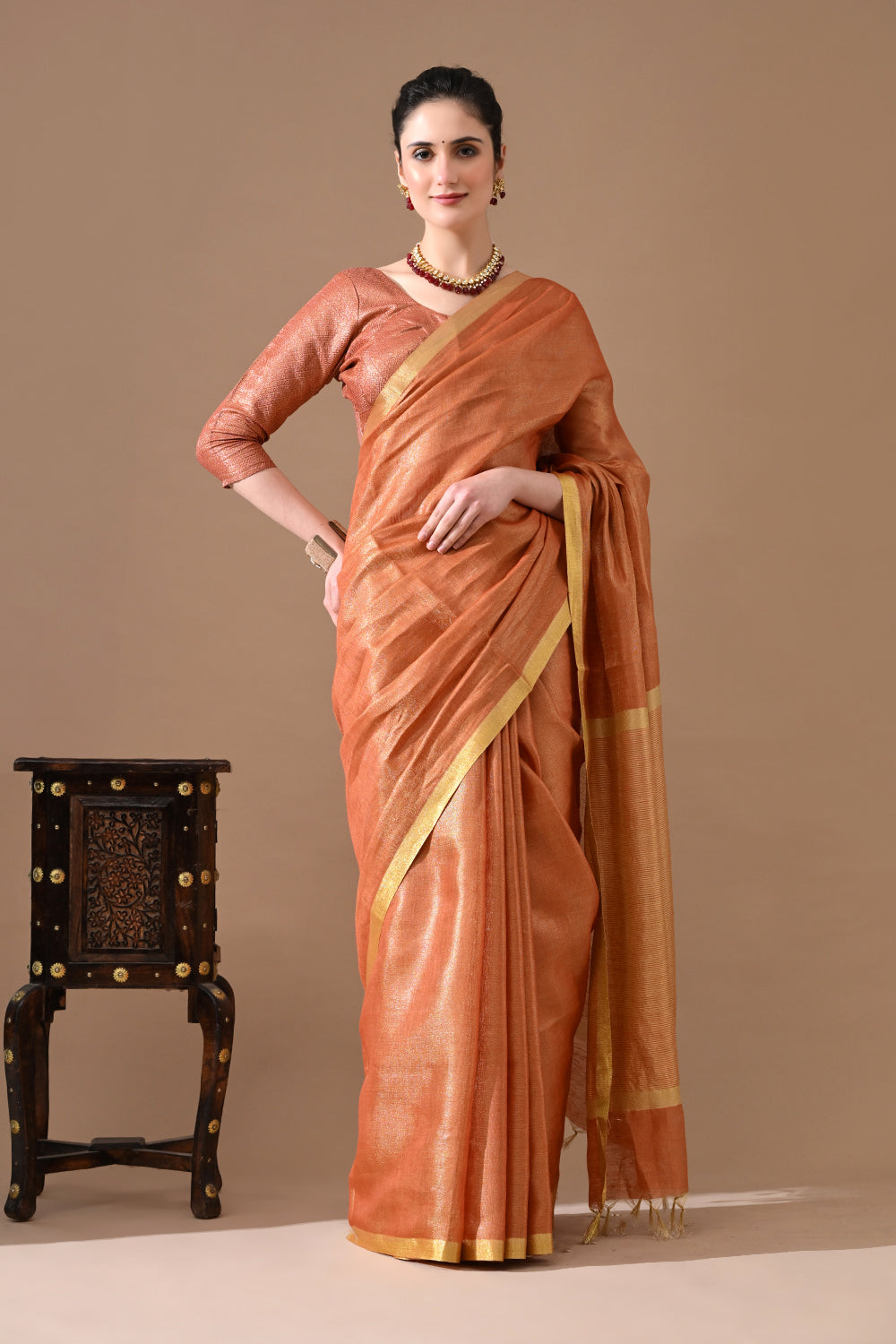 Handwoven Copper Peach  Tissue Linen Saree – Bhasha Bharat