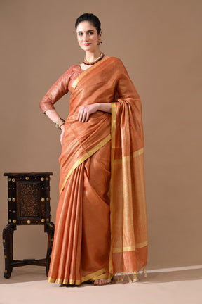 Handwoven Copper Peach  Tissue Linen Saree – Bhasha Bharat