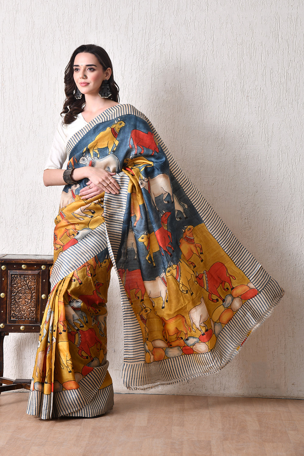 Handcrafted Hand-Painted Tussar Silk Saree – Bhasha Bharat