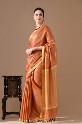 Handwoven Copper Peach  Tissue Linen Saree – Bhasha Bharat