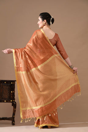 Handwoven Copper Peach  Tissue Linen Saree – Bhasha Bharat