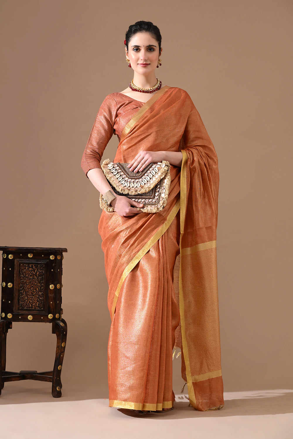 Handwoven Copper Peach  Tissue Linen Saree – Bhasha Bharat