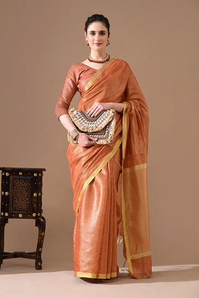 Handwoven Copper Peach  Tissue Linen Saree – Bhasha Bharat