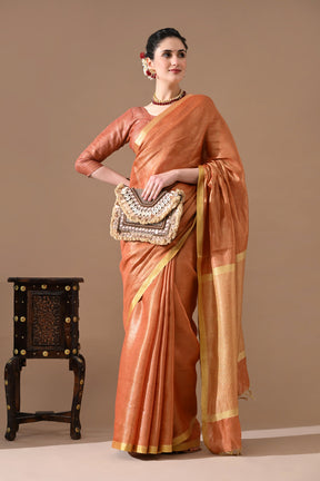 Handwoven Copper Peach  Tissue Linen Saree – Bhasha Bharat